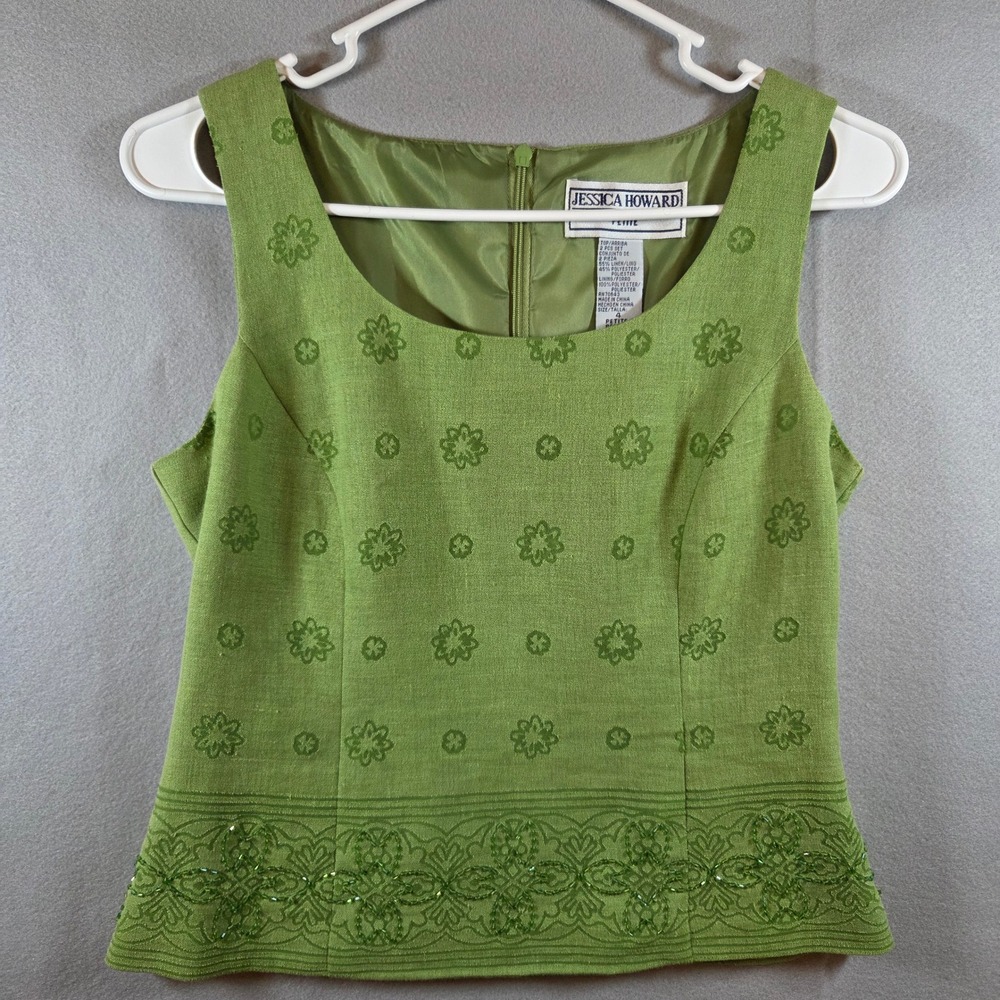 Vintage Jessica Howard Petite 4 Green Linen Blend Embroidered 2 Pc Pant Set Y2K